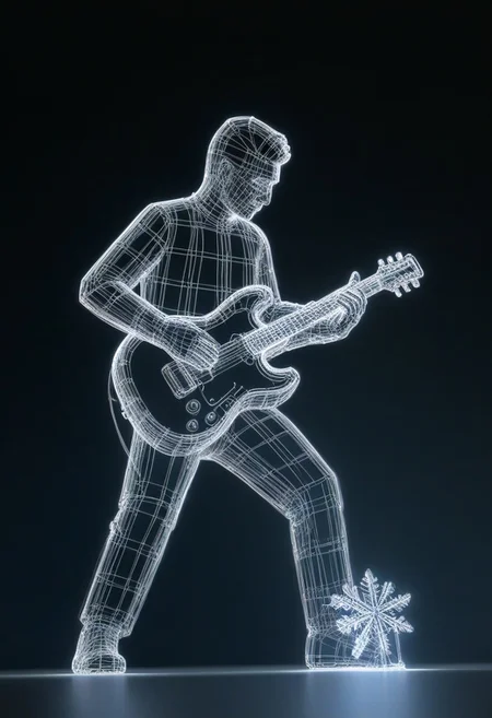 civitametapunkSDXL, Wireframe model of a musician playing a guitar on a stage with concert lights, snowflake