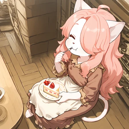 BREAK, <lora:Hanna_Fondant:1>, hanna fondant, fuga: melodies of steel, kemono, furry female, young female, 1girl, cat girl, white fur, pink eyes, pink hair, long hair, ahoge, hair over one eye, animal ears, cat ears, cat tail,
BREAK, Fuga 1 Outfit, barefoot, brown dress, white apron,
BREAK, solo, inside, internet cafe, sitting, eating, cheek bulge, cake, looking away, head tilt, closed eyes, smile, closed mouth