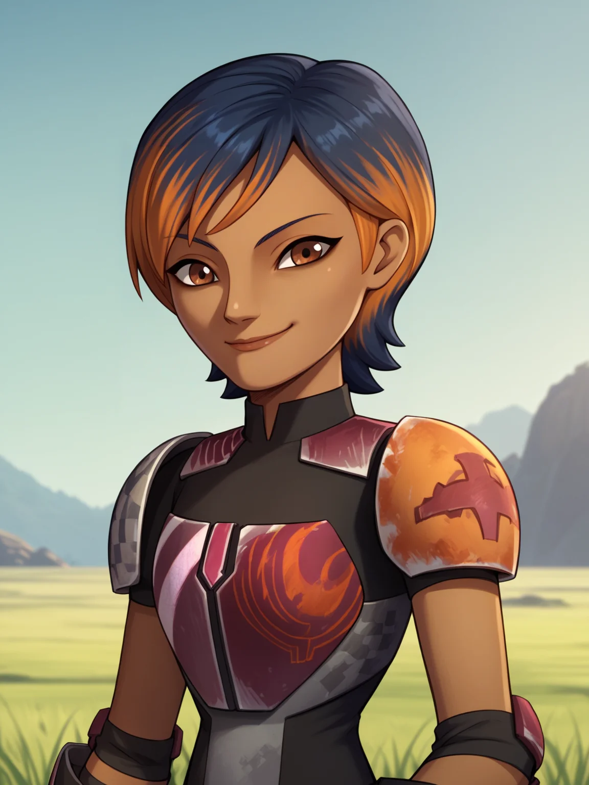 score_9, score_8_up, score_7_up, score_6_up, score_5_up, score_4_up, BREAK, source_anime,
1girl, sabinewren, short hair, multicolored hair, brown eyes, armor, dark skin, shoulder pads,
smug, smile, upper body, looking at viewer, solo, outdoors, grass, blue sky, meadow background <lora:SabineWrenXL:1>