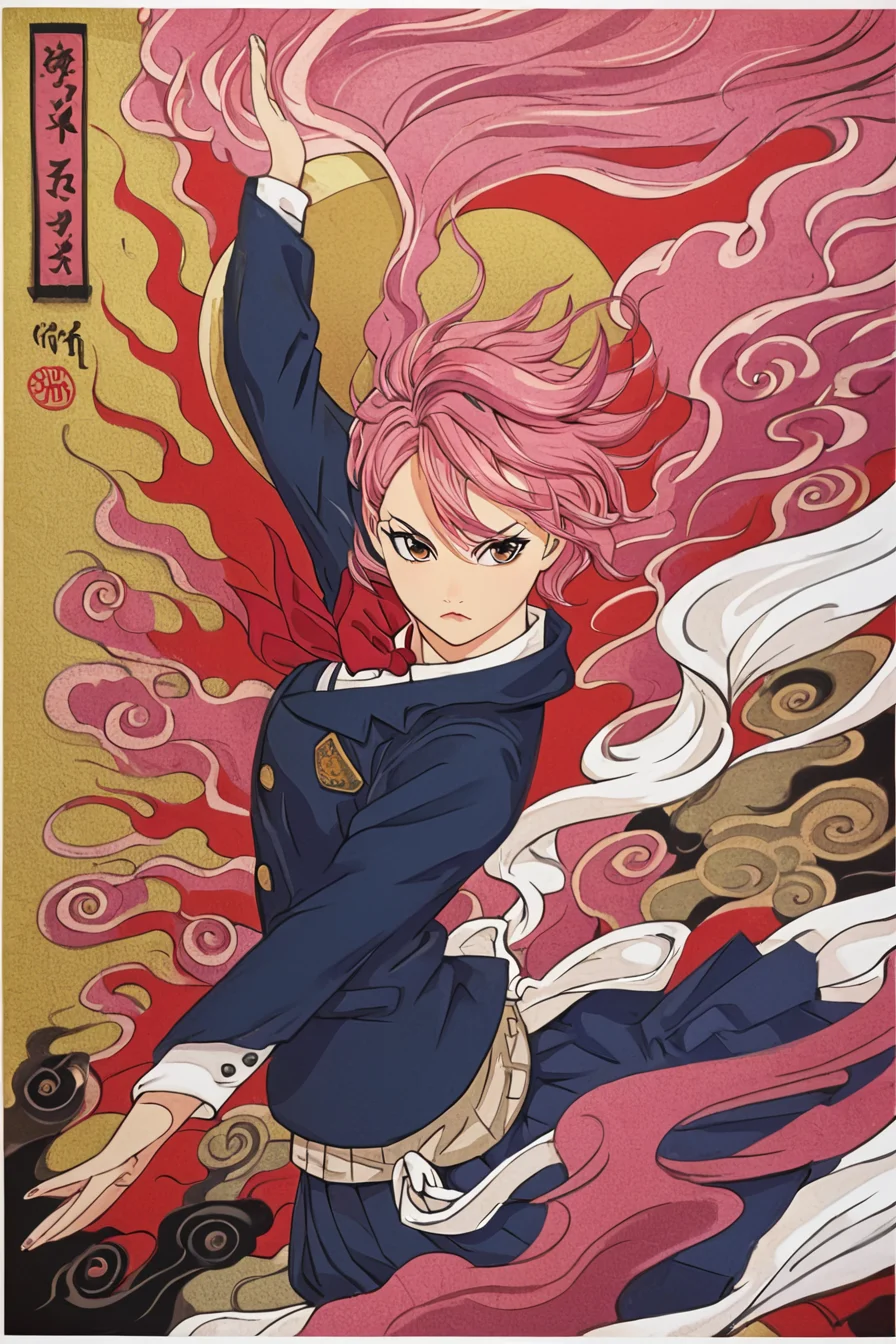 score_9, score_8_up, score_7_up, score_6_up, score_5_up, score_4_up, <lora:shiratori_aira_pony:0.8> , shiratori aira dandadan, short hair, pink hair, brown eyes, school uniform, red bow, skirt, sleeves past wrists, <lora:traditional_Japanese_art:1>, traditional japanese art, 1girl, solo, alone, fighting stance, masterpiece, highres