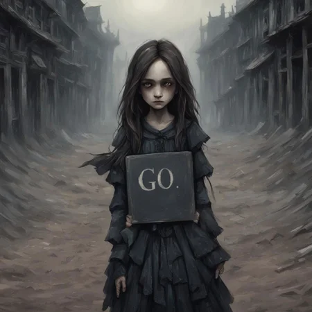 (((Ultra detailed, Megapixel)))
1girl, (((holding out a sign with text "GO"))), by charlie bowater and dan mumford and trevor Brown, hands, terror, gloomy, dark, blank face, no face, wasteland background, no mouth, no eyes, long hair