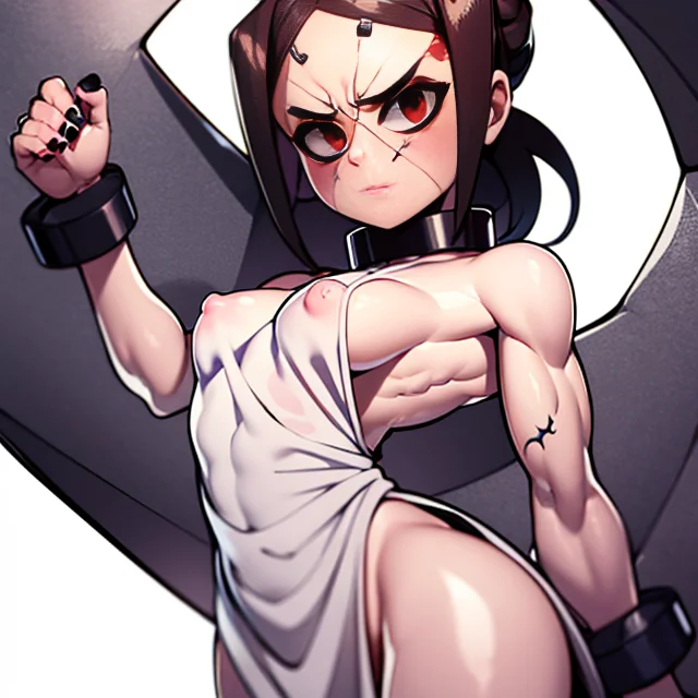 Painwheel, red eyes, brown hair, single hair bun ,(black sclera), small breasts, barefoot, black nail polish, veiny skin ,scar, face stitches, angry, fists up
PW,attire, white dress, side slit , no panties, sideboob, collar, cuffs, bare shoulders, covered nipples, bolts,
(insanely detailed, beautiful detailed face, masterpiece, best quality) <lora:Painwheel-10:1>