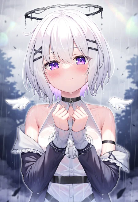 1girl, halo, purple eyes, solo, wings, hair ornament, white hair, looking at viewer, jacket, cuffs, short hair, mini wings, blush, x hair ornament, upper body, detached wings, long sleeves, smile, colored inner hair, handcuffs, hairclip, closed mouth, sleeveless, hair between eyes, multicolored hair, virtual youtuber, rain, pink hair, bare shoulders, black jacket, wet, off shoulder, open clothes, white shirt, purple hair, open jacket,masterpiece,best quality,newest,absurdres,highres,very awa,<lora:arata1_noob1.1-000187:0.7>,
