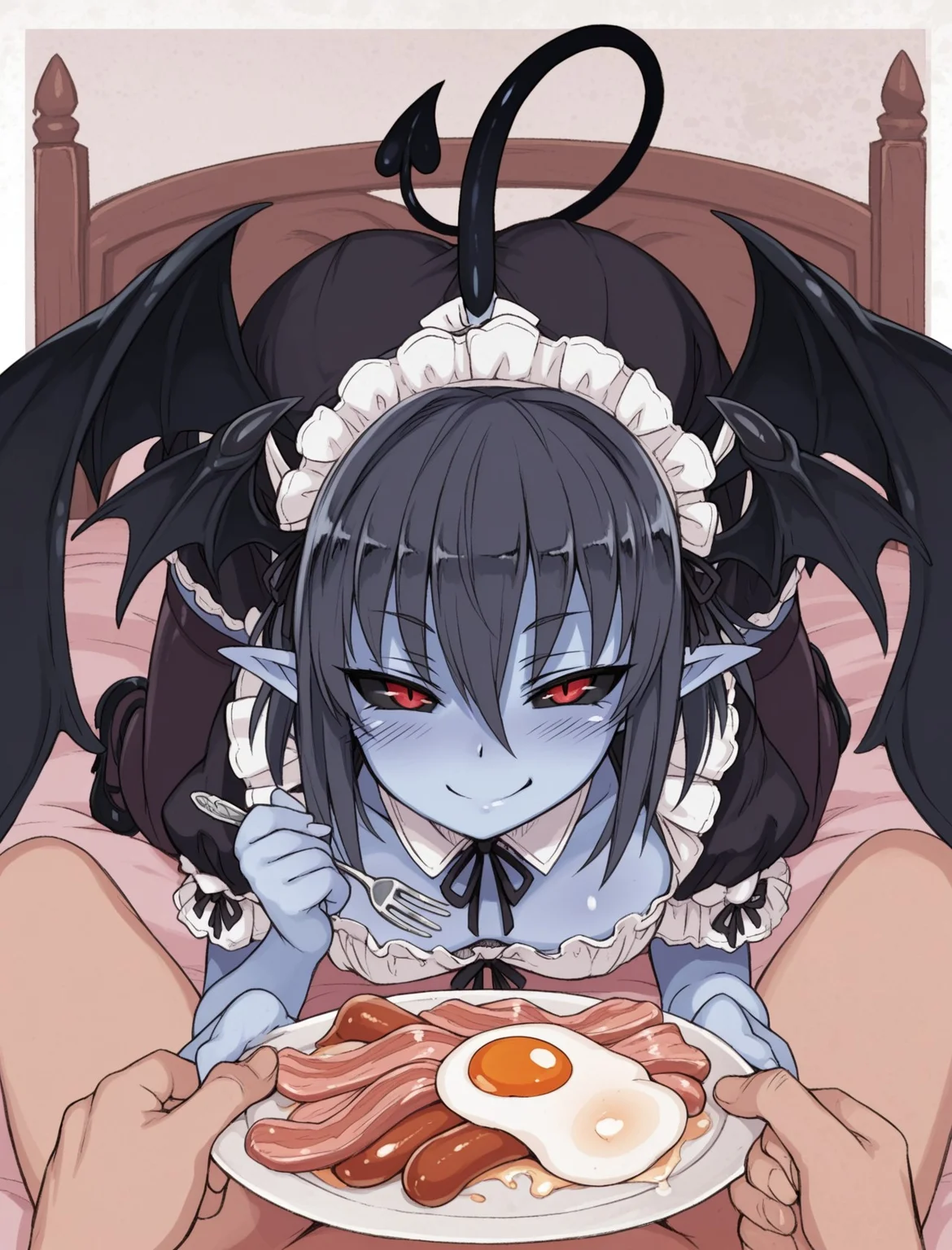 masterpiece, best quality, amazing quality, perfect face, 1girl, red eyes, Devil, colored skin, blue skin, dark grey hair, pointy ears, colored sclera, black sclera, head wings, leathery wings, black wings, prehensile tail, spade-tipped tail, black tail, extra_artstyle, POV, viewer lying, from front, breakfast in bed, bedroom, holding plate, fork, sausage, egg, bacon, all fours, looking at viewer, maid outfit <lora:MGE_V6_0_final:1.0>