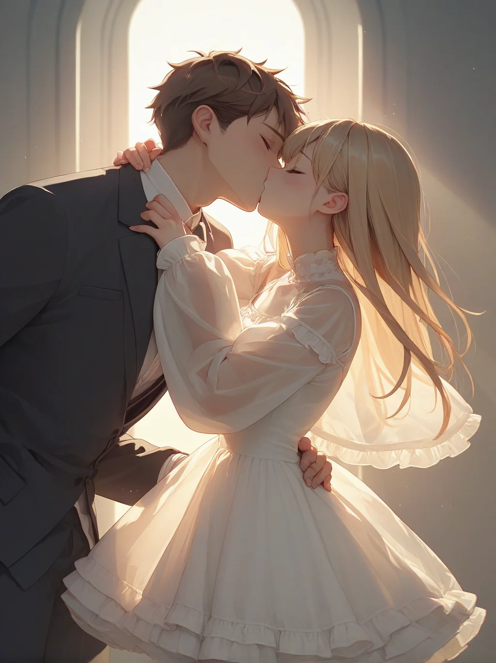score_9, score_8_up, score_7_up, score_6_up, source_anime, <lora:cutesy_dress_v0.2-pony:1>
1girl, brown hair, blonde hair,
white dress, frilled dress, sleeves past wrists, see-through,
1boy, suit, backlighting, kiss,sunlight,