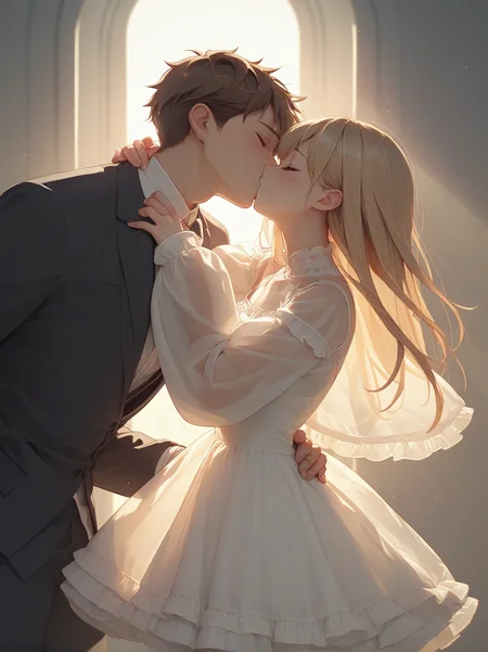 score_9, score_8_up, score_7_up, score_6_up, source_anime, <lora:cutesy_dress_v0.2-pony:1> 
1girl, brown hair, blonde hair, 
white dress, frilled dress, sleeves past wrists, see-through,
1boy, suit, backlighting, kiss,sunlight,