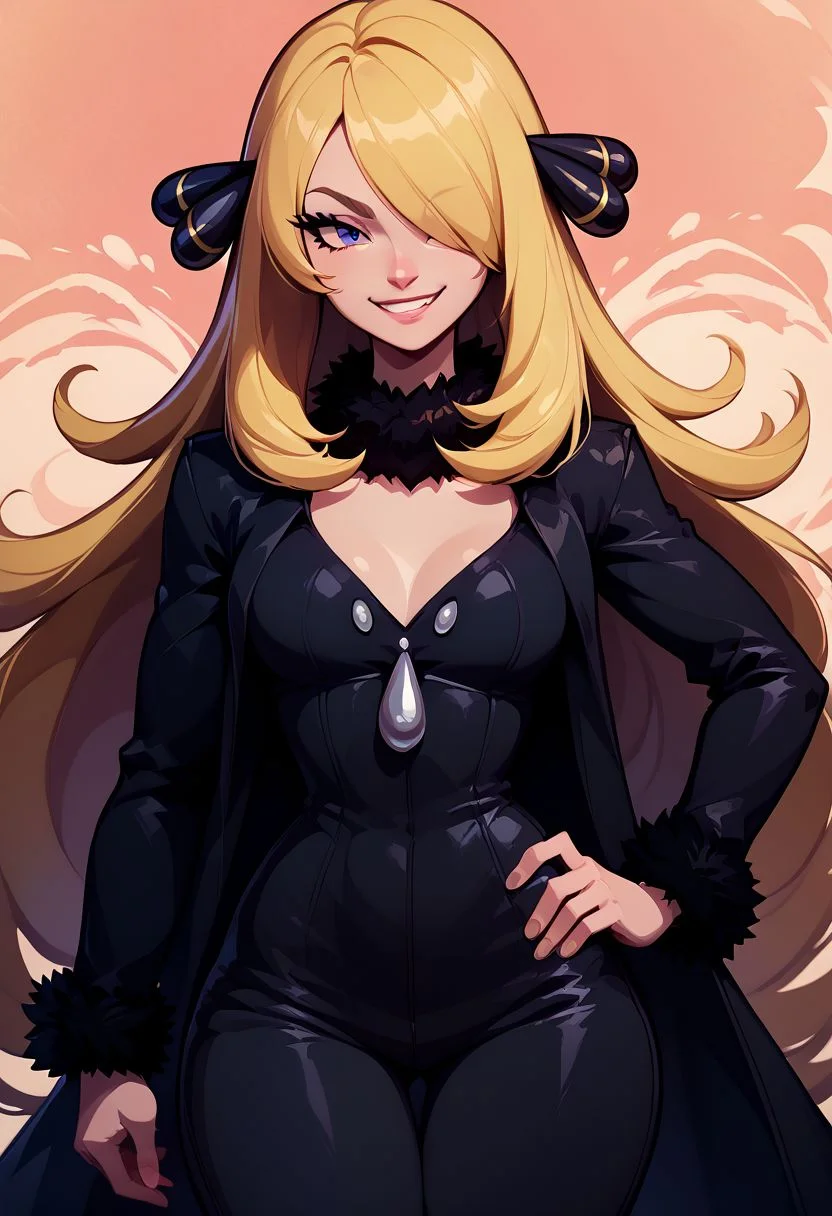 score_9, score_8_up, score_8, medium breasts, (curvy), cute, eyelashes,
BREAK,
zzCynthia, solo, 1girl, blonde, long hair, black coat, black pants,
cowboy shot, smile, smug, hand on hip, wide hips,
BREAK,
zPDXL, Expressiveh p4st3lg0r3,
abstract background, color splash,