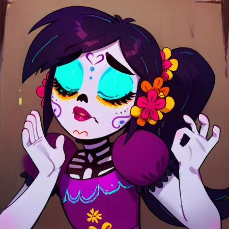 score_9, score_8_up, score_7_up, score_6_up, score_5_up, score_4_up, fca style, 1girl, solo, catalinalc, ponytail, hair ornaments, colored skin, makeup, yellow sclera, purple eyes,
pachameme, hands up, ok sign, closed eyes
