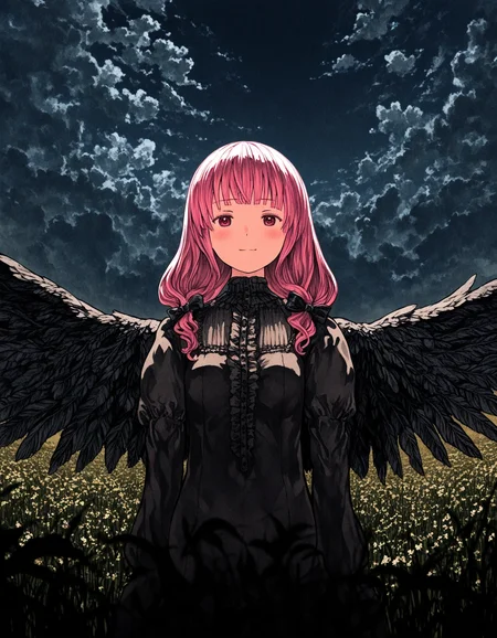 1girl, masterpiece, very awa, (harusame \(rueken\):0.6), (yoshida akihiko:1), highres, (traditional media:0.6), (3D:0.4), (jaggy lines:0.4), lineart, wide shot of an evil angel wearing formal clothes in a meadow, fantasy, black wings, feathered wings, pink hair, twintails, hair bow, light blush, 1girl, solo, linear hatching, film grain, mature female, small breasts, blouse, gothic fashion, (jitome eyes:0.75), light smile, scenery, cumulonimbus cloud, outdoors, night, (shaded face:0.5), perspective, depth of field, from below <lora:96_chadmix_vpred10_1a.safetensors:1.0>,