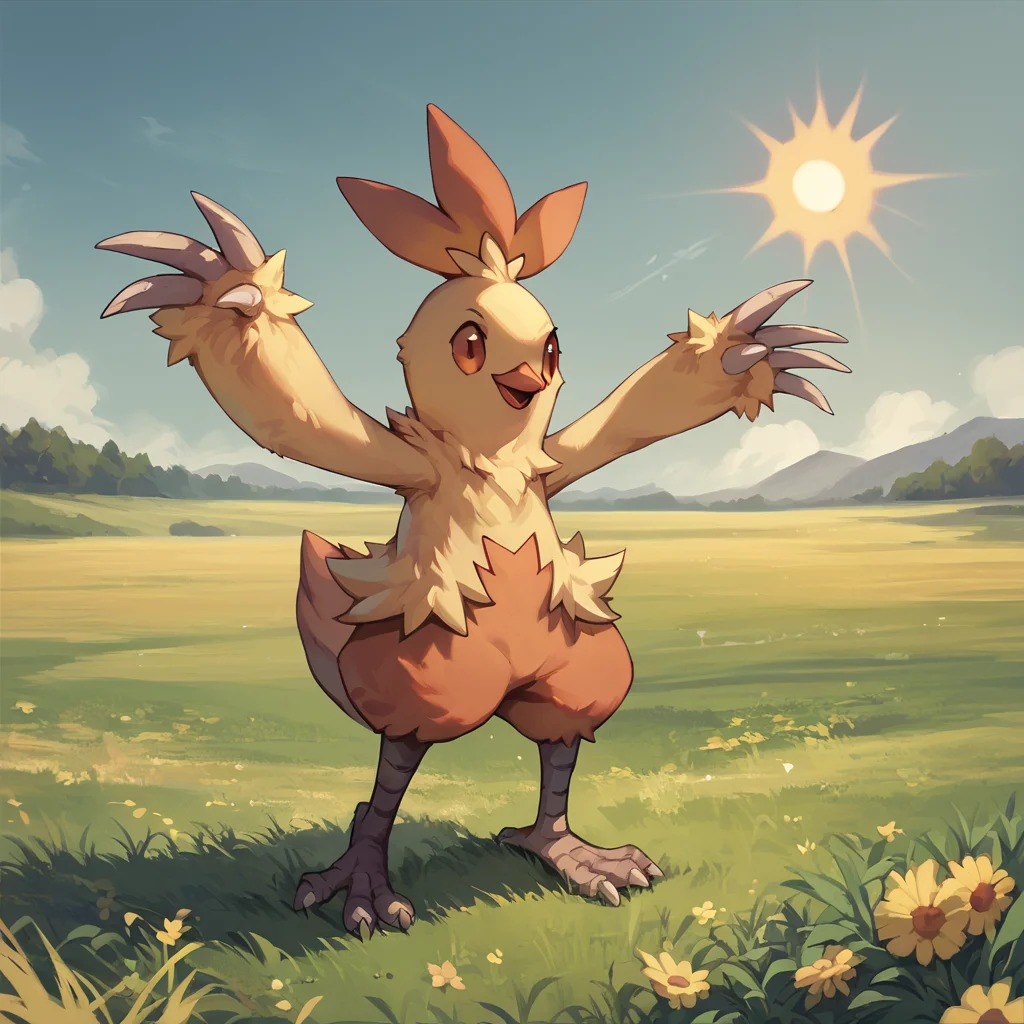 score_9, score_8_up, score_7_up, score_6_up, <lora:Combusken_PDXL:1> combuskenpkmn, combusken, field, grass, standing, day, sun, sky, happy, full-length portrait, solo, solo focus,