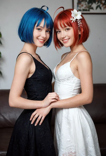 CyberRealisticPony_POSV1, 2girls, :d, ahoge, bare shoulders, black dress, black flower, blue eyes, blue hair, bob cut, dress, dual persona, flower, hair flower, hair ornament, holding hands, looking at viewer, multiple girls, red eyes, red hair, short hair, smile, white dress, white flower