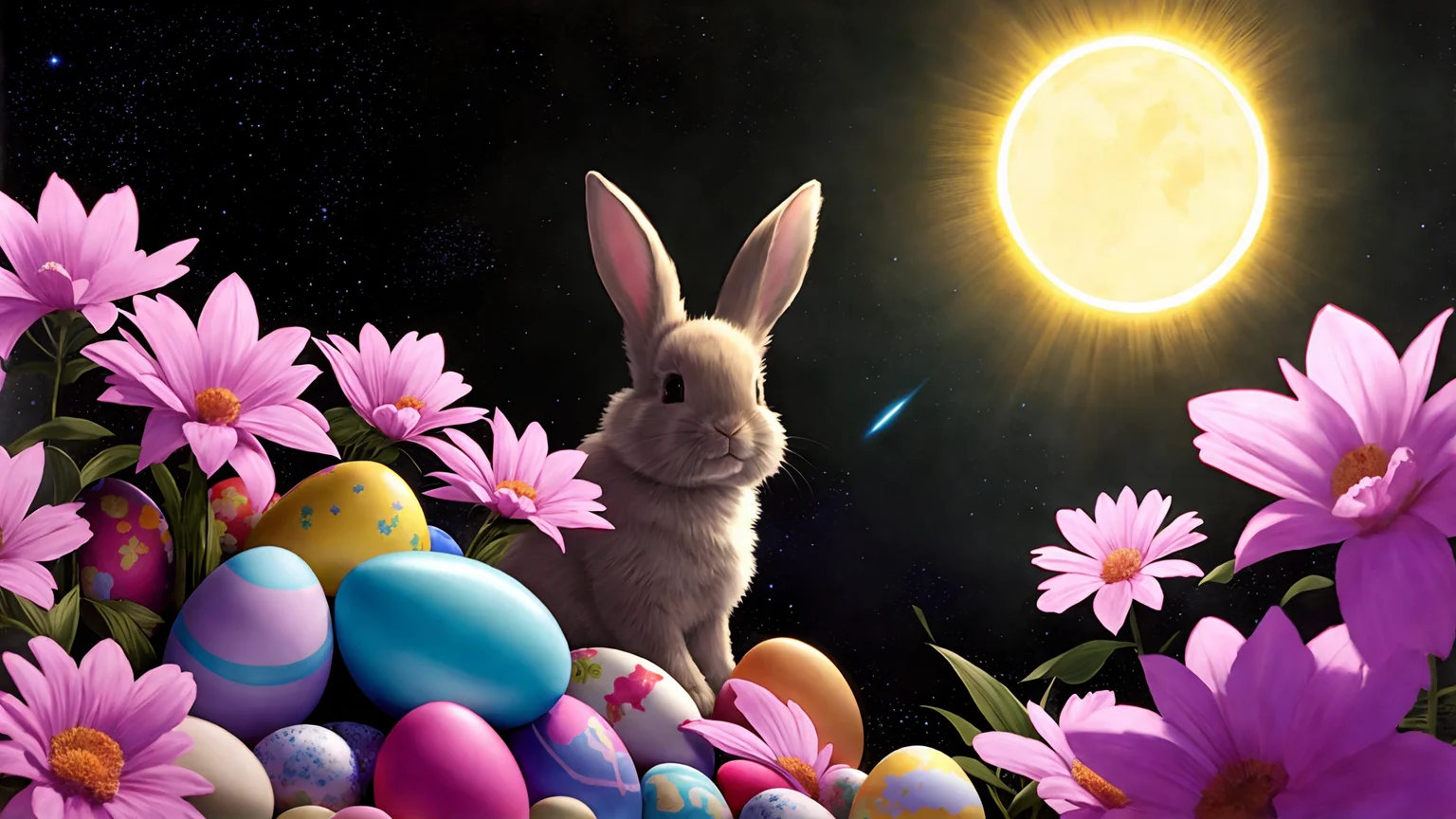 a photorealistic hyperrealistic render of art, drawing, anime easter bunny person painting easter eggs, anime line art, happy, joy, smile, sun, bunny hears, bunny face, rabbit face, rainbowshift, flowers, dark colors, outer space, by greg rutkowski, craig mullins, fenghua zhong, artgerm, jaques - louis david, contrast and shadows, volumetric, cinematic lighting