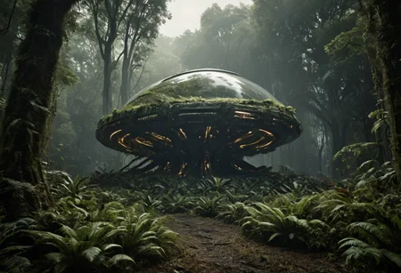 landscape of an unexplored planet from the Mass Effect universe, (SR1 Normandy spacecraft:1.2),, intricate mystical dreamlike melancholic maiden, masterpiece, intricate, Hasselblad x2D 100c, ISO 300, 1/250s, F/2,8, 38 mm, extremely high quality RAW photograph, surrealistic dense vegetation, dense jungle of oddly shaped trees, 8K, HDR, depth of field, dark high-contrast, extremely detailed, atmospheric haze, dramatic lighting, high contrast, intense shadow play, dark palette, <lora:add-detail-xl:1.2> <lora:Bio-Luminescence:0.6> bioluminescent, glowing,  <lora:xl_more_art-full_v1:0.6>, SIL, alien , green skin, big breasts, thick thighs, 1girl,