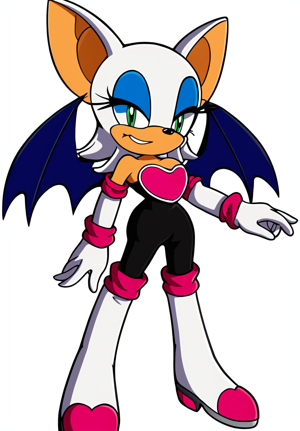 <lora:Rouge_the_Bat:0.8>, Rouge_the_Bat, 1girl, solo, looking at viewer, smile, simple background, bare shoulders, closed mouth, standing, full body, heart, looking to the side, bodysuit, happy, trembling, black background, black bodysuit