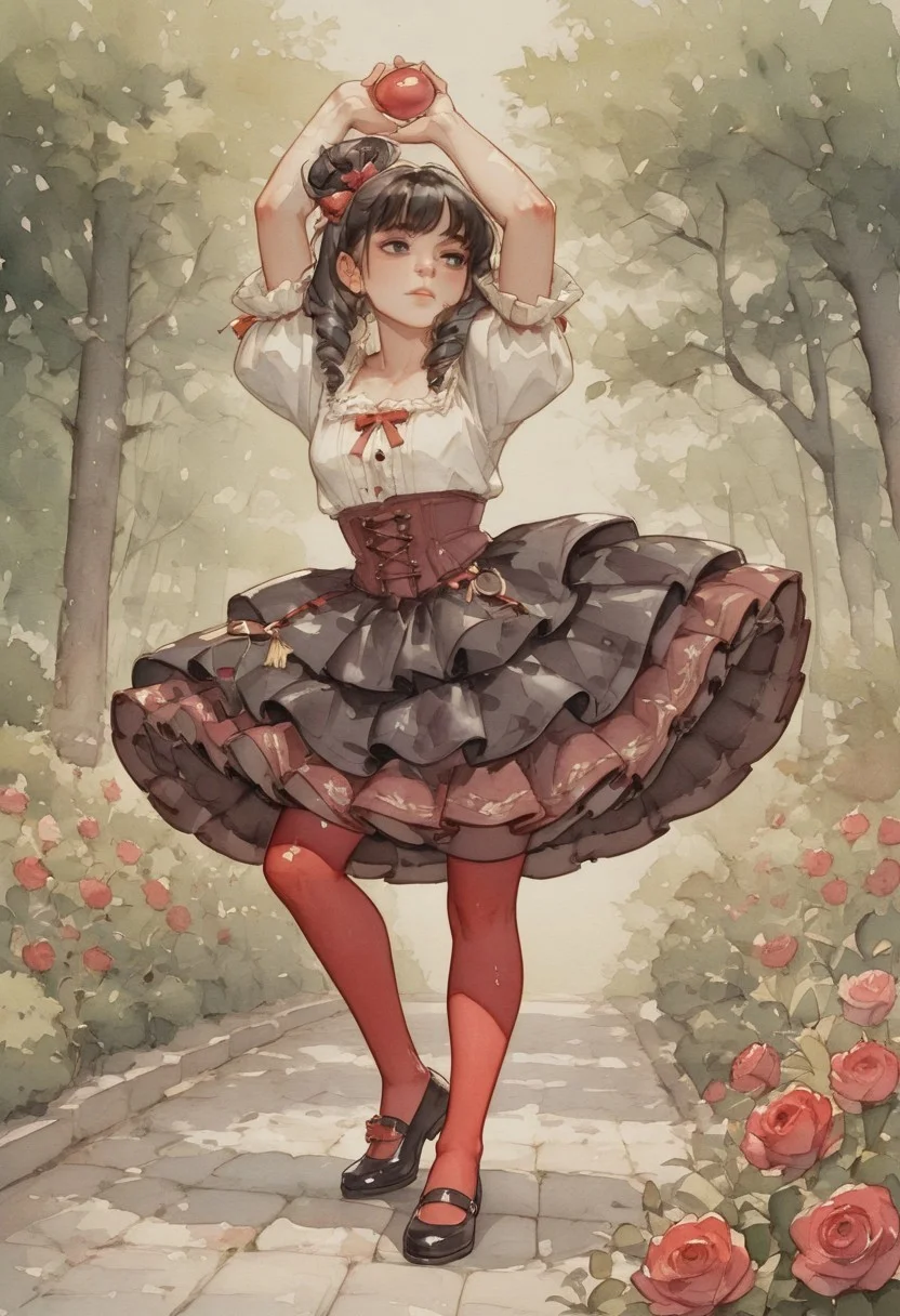 ( watercolor):2, (pastel colors), high detail, (lineless:1.2), (realistic), detailed, depth of field, dynamic lighting, masterpiece, detailed_eyes, high_quality, best_quality, highres, (muted colors), pencil lines,
in the garden, among blooming roses, day,
woman in a dance pose, frontal, leg extended, toe pointed, holding castanets in hands, frozen before the start of the dance,
black hair tied in a bun, strands in ringlets, (high comb in hair), proud, thin nose, black eyes, shadows under the eyes, thick eyebrows, narrow face, stern look, haughty,
white shirt with a square neckline, shirt decorated with tassels, burgundy corset with embroidery, tightly pulled in at the waist, fluffy multi-layered skirt, (skirt below the knee), red tights, (black shoes with red bows and bells), gold buckles on shoes,