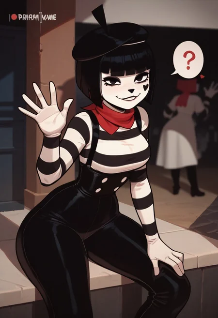 (score_9, score_8_up, score_7_up, score_6_up, score_5_up, score_4_up) 1girl, mime girl, white face, short hair, red scarf, beret, hime cut, mime stripe stripped shirt, narrow waist, big hips, street, pose, smirk,  sexy, closeup, waving, hand on knee, leaning, question mark, speech bubble,  closeup, hearts, looking at viewer,