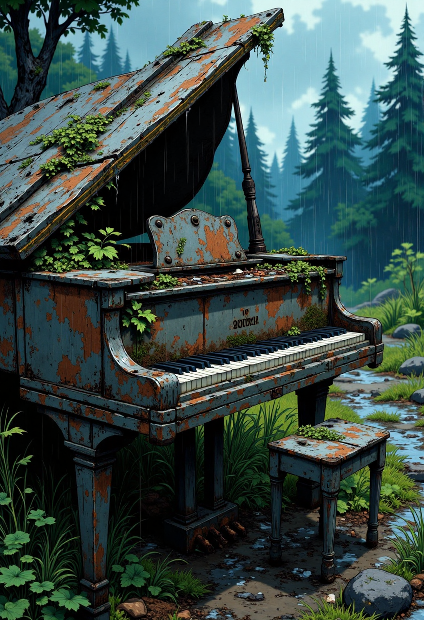 c0mix2 Illustration, A decaying grand piano outside in the rain, weathered wood, rusted metal, moss and vines growing over it, raindrops on the strings and keys, dark stormy sky and forest in the background, melancholic and nostalgic atmosphere, dramatic side lighting, close-up view of the piano, textured and detailed, high quality, detailed, vibrant colors, masterpiece, high resolution, professional.