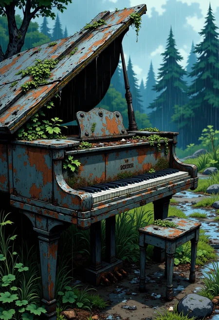 c0mix2 Illustration, A decaying grand piano outside in the rain, weathered wood, rusted metal, moss and vines growing over it, raindrops on the strings and keys, dark stormy sky and forest in the background, melancholic and nostalgic atmosphere, dramatic side lighting, close-up view of the piano, textured and detailed, high quality, detailed, vibrant colors, masterpiece, high resolution, professional.