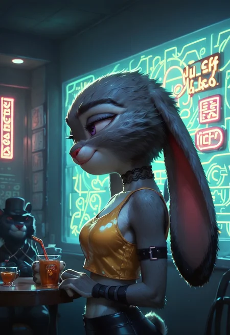 score_9, score_8_up, score_7_up, score_6_up, side view, (judyhopps, judy hopps,), edgAdepta, very short, short stacked, petite, grey fur, furry, cowboy shot, golden shirt, tight black latex pants, arm straps, natural round breasts, inside a cafe, sitting in chair at a table, golden lace choker, mad-neon-noir, sly, smug, seductive, neon lights, natural round breasts, midriff, leaning against a wall, in a city, neon lights, detailed background, crowded, C7b3rp0nkStyle,