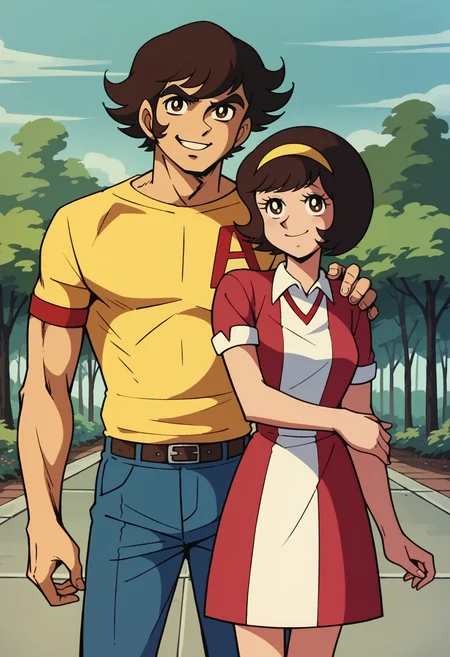 score_9, score_8_up, score_7_up,1boy, 1girl, side-by-side,retro artstyle,  brown eyes, brown hair, short hair, cowboy shot, short sleeves,smile, blue sky, tree, looking at viewer, hand on another's waist,     <lora:FudoMikiPony:1>
score_9, score_8_up, score_7_up,1boy, 1girl, side-by-side,fudo,  yellow t-shirt, a, jeans, looking at viewer, smile, closed mouth, 
score_9, score_8_up, score_7_up,1boy, 1girl, side-by-side,miki,yellow hairband, red and white dress, short dress,wing collar, looking at viewer, smile, hand on another's waist,,head tilt, hand on another's wrist,