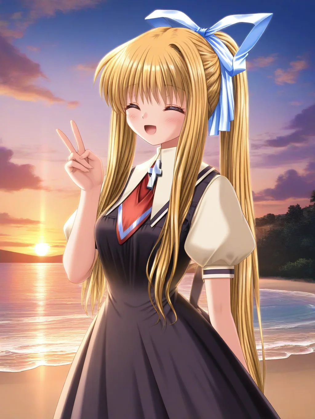 masterpiece,best quality,amazing quality,very aesthetic,absurdres,newest,scenery,<lora:kamio misuzu_air_ilxl_v1-000010:1>,1girl,kamio misuzu,solo,blonde hair,long hair,blue eyes,ponytail,school uniform,cross,puffy sleeves,ribbon,short sleeves,hair ribbon,black dress,puffy short sleeves,looking at viewer,standing,(closed eyes),smile,open mouth,v,blush,sunset,beach,