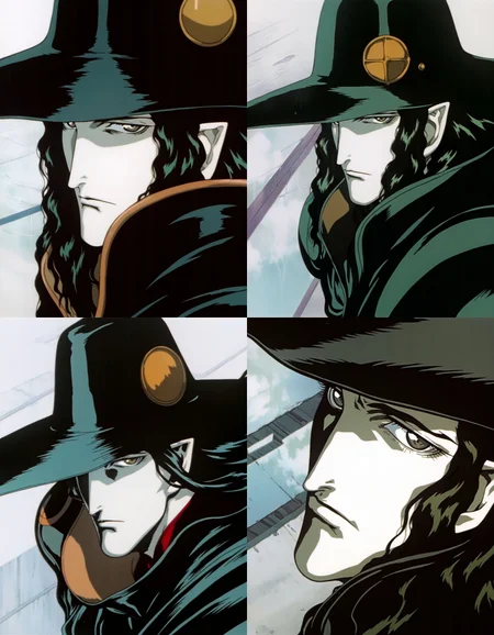 best quality, highres, absurdres, (traditional media, refined digital media \(artwork\):0.6),  masterpiece, anime screenshot, 1990s (style),
(artist: sabu \(sabudenego\):0.6),universal portrait, angle, dynamic, perspective, solo,
d \(vampire hunter d\), pale skin,1boy, male focus, hat, pointy ears, black hair, long hair, looking at viewer, close-up, reflection,  <lora:Vampire Hunter D Illustrious-step00000700:0.9>
