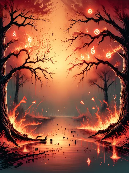 (heavy fire on the background:1.3), water, reflections, wind, damage paper, drowning, fire in the background, home, red fog, 
emergency countermeasures, scorching weather, synthwave, 
curved trees, fireflies, complex background, intricate details, 
suthin tones, hyperdetailed, muted colors, <lora:ral-dissolve:1>, ral-dissolve, <lora:Isometric Cutaway:1>, Isometric Cutaway page, <lora:Flashfire_Glowing_Runes:1>, Flashfire glowing runes, front and back, <lora:Todd_McFarlane__associated_Artists_of_Image_Comics_Spawn_Issues_1-11_expanded_dataset_Art_Style_PonyXL:1>,