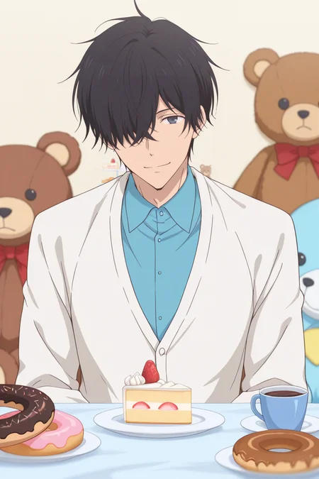 masterpiece, best quality, amazing quality,high resolution, intricate details,official style,depth of field,anime screencap , , , 1boy, solo, male focus, <lora:Nezu_Chuukichi:0.84>,nezu chuukichi,black hair,short hair,dark gray eyes,hair over eye,looking at viewer, shirt, long sleeves, closed mouth,smile, upper body, food,collared shirt, cup, fruit,stuffed toy,white jacket, blue shirt, cardigan,stuffed animal, cake,teddy bear, doughnut, cake slice