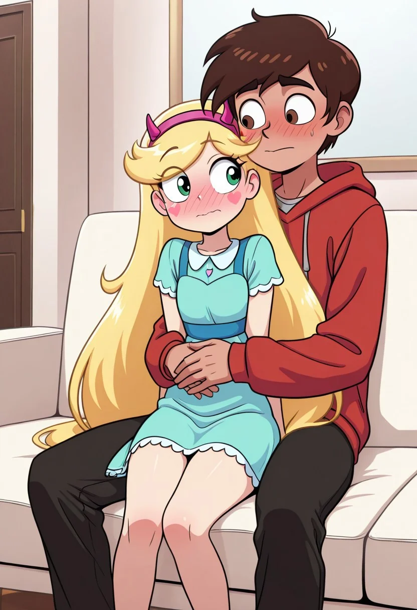 masterpiece, best quality, break. star_co, (1boy, marco_d, hoodie), break, (1girl, star_b, fake horns, dress, very long hair, blondie hair, heart stickers blush), sitting together, living room, front view