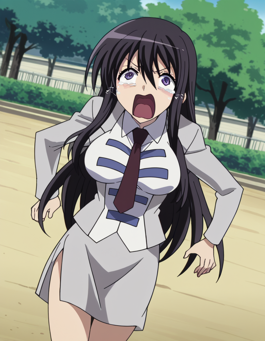 score_9, score_8_up, score_7_up, source_anime, <lora:kyouko-sonan-s1-ponyxl-lora-nochekaiser:1>, kyouko sonan, long hair, black hair, purple eyes, hair between eyes, sidelocks, anime screencap,, skirt, long sleeves, uniform, side slit, skirt suit, necktie, large breasts,, gazebo, park, shelter, outdoors, wooden, , <lora:crying-aqua-ponyxl-lora-nochekaiser:1> crying aqua, crying aqua (meme), screaming, crying, crying with eyes open, tears, tongue, open mouth,, looking at viewer, solo,, dutch angle, cowboy shot