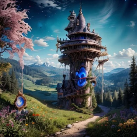 realistic analog photo, award winning photo, vary wide shot of AgateWorld witow tower:1.3, no humans, scenery, blue sky, dirt road, lush grassland, Wildflowers, nature, outdoors, RAW, highres, 8k, uhd, High Dynamic Range, tonemapping, crisp details, portcullis,