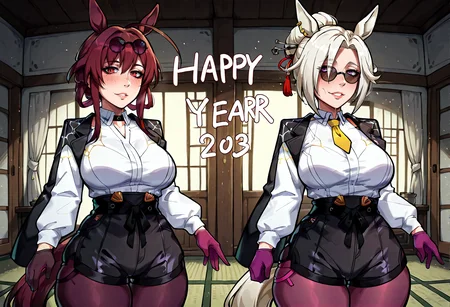 IllustriousQual, <lora:StS-Illustrious-Detail-Slider-v1.0:2> <lora:cfg_scale_boost:0.3> <lora:StS_Age_Slider_Illustrious_v1:3>,detailed_background,indoors,short hair,collared shirt,kimono,purple gloves,zenless zone zero,pince-nez,parted lips,shirt tucked in,horse tail,purple pantyhose,black gloves,hair bun,2025,brown hair,mole under eye,sunglasses,ponytail,grey eyes,animal ears,huge ahoge,ahoge,okobo,white hair,2girls,red eyes,white shirt,cafetakki uma,omamori,breasts,sandals,multicolored hair,purple eyes,kafka \(honkai: star rail\),single hair bun,black shorts,mole,yellow necktie,gloves,happy new year,blonde hair,japanese clothes,manhattan cafe \(umamusume\),large breasts,eyewear on head,sakon04,horse ears,black pants,horse girl