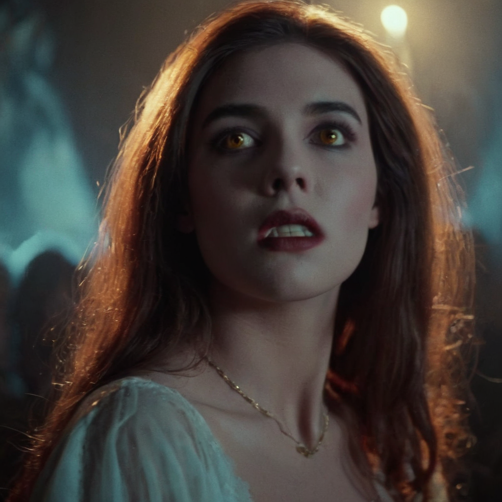 UHD, 4k, ultra detailed, cinematic, a photograph of  <lora:Fright Night 1985 Film Style:1>
Cinematic low angle from below, Closeup Shot Film Footage captured by Panavision Cameras and Lenses, vampire human, Amy a young vampire woman with a vampire makeup and a red brown hair, staring down at camera, with perfect vampire fangs teeth, and golden black lenses, in a dark room, with white spotlight face light on, Fright Night 1985 Film Style, epic, beautiful lighting, inpsiring