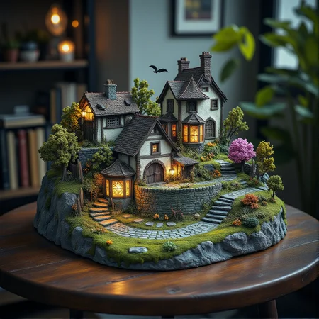 This is a miniature diorama that recreates a town lined with old buildings reminiscent of Medieval Europe, and a world where young, beautiful witches fly through the sky on broomsticks. It is placed next to a grimoire. Each roof and wall is carefully weathered, and professional lighting gives it an indistinguishable finish from the real thing.
<lora:Flux.1_Turbo_Detailer:0.7>, <lora:Diorama_Flux:0.9>