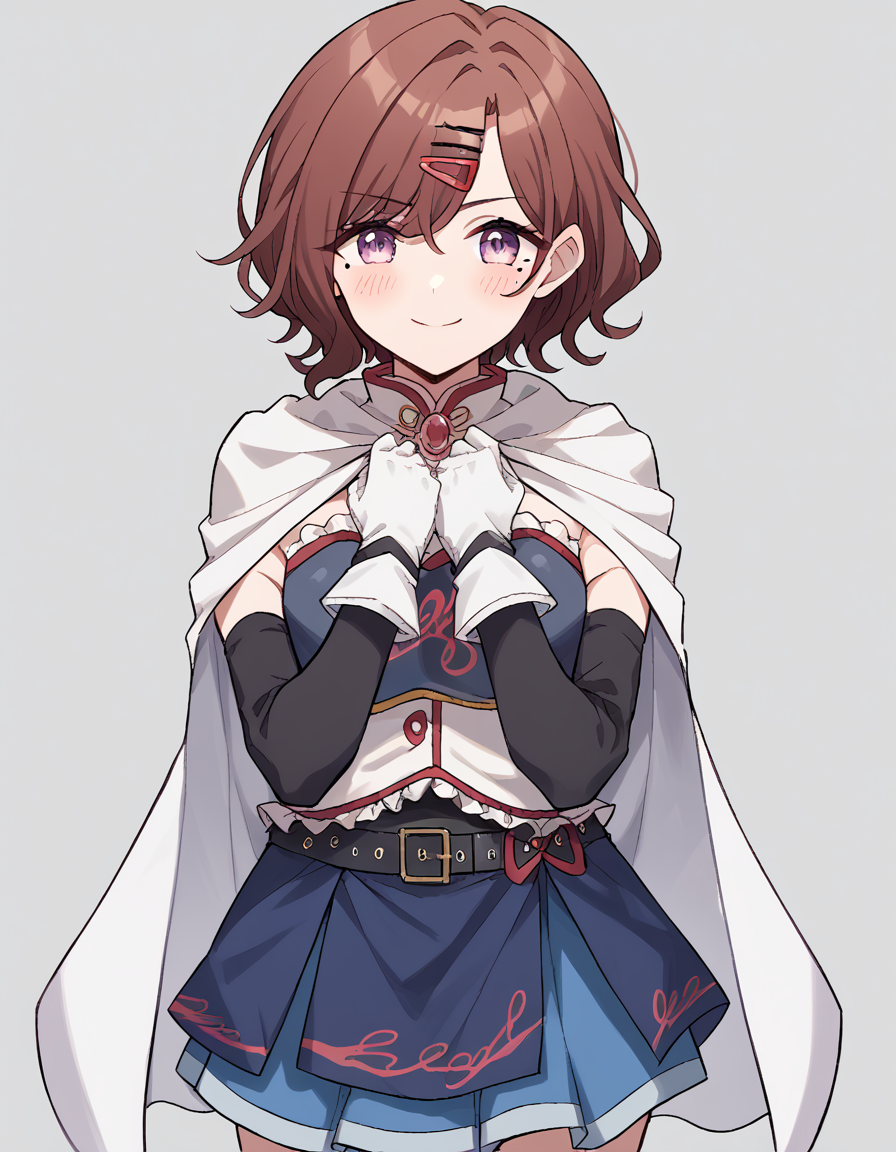 score_9, score_8_up, score_7_up, source_anime, <lora:madoka-higuchi-ponyxl-lora-nochekaiser:1>, madoka higuchi, brown hair, eyebrows hidden by hair, grey background, hair ornament, hairclip, mole, mole under eye, purple eyes, short hair, wavy hair,, <lora:miki-sayaka-cosplay-ponyxl-lora-nochekaiser:1>, miki sayaka cosplay, miki sayaka (cosplay), belt, black sleeves, blue skirt, cape, cosplay, dress, gloves, gem, skirt, sleeveless, sleeveless dress, white cape, white gloves,, streets, outdoors, smile, blush, hands on own chest, cowboy shot, looking at viewer,