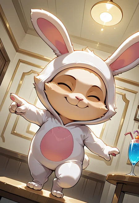 (luminis lighting:0.5), (vibrant:0.5), fluffy body, , detailed background, dynamic pose, dynamic angle, party, indoors, solo
, <lora:teemo-v3-000014:1> wrteemob, (teemo:0.5), ((no_fur_trim)), closed eyes, rabbit kigurumi, rabbit_costume, rabbit cosplay, 1boy, standing on one leg, pointing to the side, looking away, (chibi:0.5), plump, (no_fur_neck)