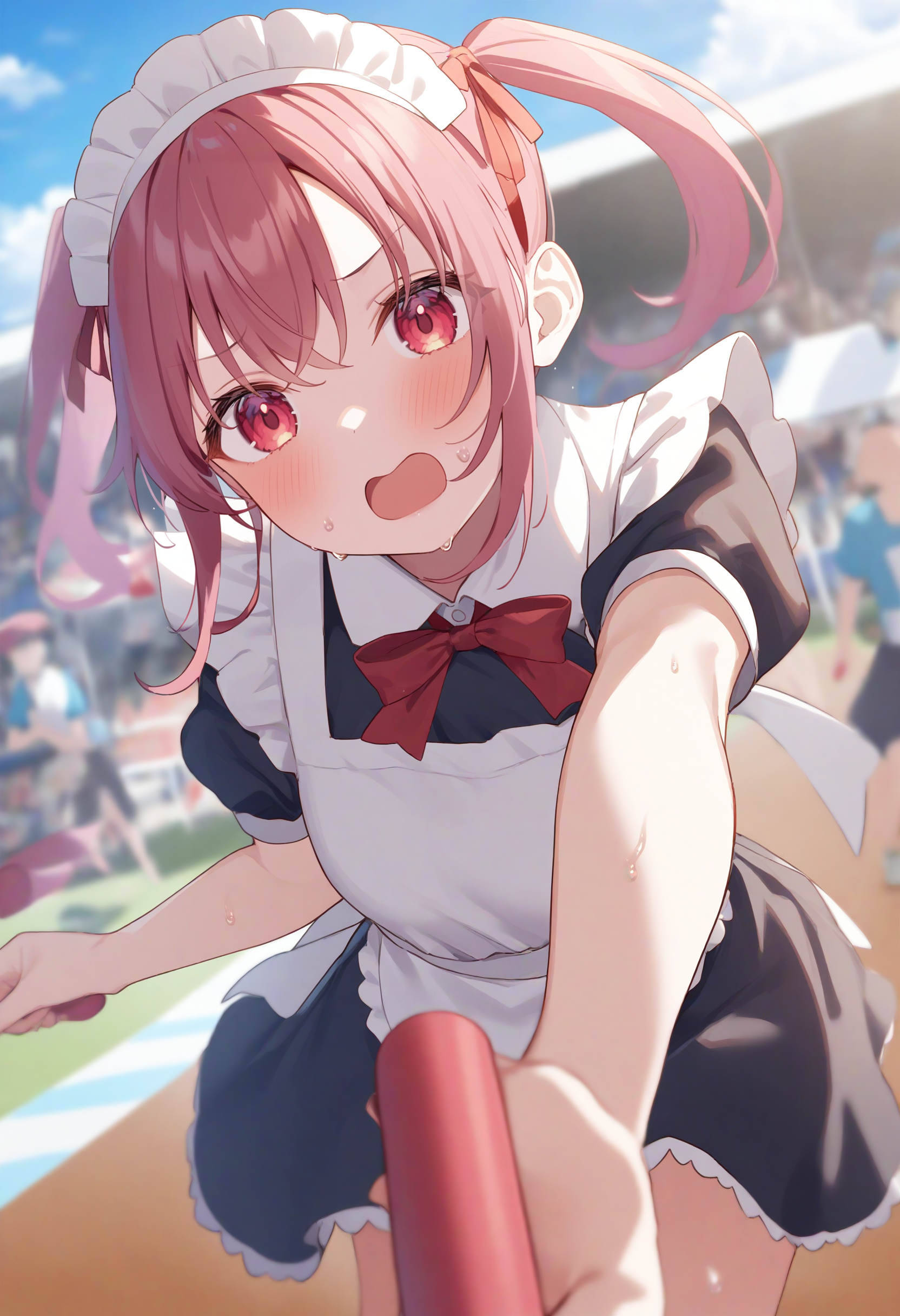 1girl,sincos, ningen mame, toosaka asagi,solo,medium breasts,20yo,maid,maid headdress,
relay baton, holding,day, outdoors, sports festival, red headband,running, sweat, <lora:relaybaton_XL_v1:0.8>
from below, panorama shot, looking ahead, pink hair, red eyes,anguish,  open mouth, split ponytail hair,,
best quality, very aesthetic, absurdres