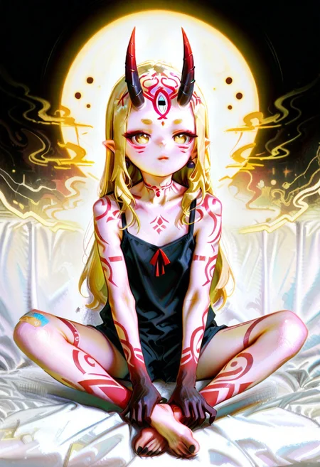 masterpiece,best quality,amazing quality,very aesthetic,
character outline,heavy shading,abstract anime art style,ultra theme,iridescence theme,iridescent,original,unique composition,closed mouth,pointy ears,solo,thick eyebrows,oni horns,flat chest,ibaraki douji \(fate\),looking at another,axillary cavity,claw pose,
arm tattoo,back tattoo,bandaid,bandaid on arm,bandaid on leg,barefoot,black nails,blonde hair,body markings,bodypaint,earrings,facepaint,facial mark,facial tattoo,fingernails,forehead mark,full-body tattoo,gradient,leg tattoo,lipstick mark,long hair,nail polish,neck tattoo,sharp fingernails,shirt,shoulder tattoo,sitting,solo,tattoo,toenails,yellow eyes,