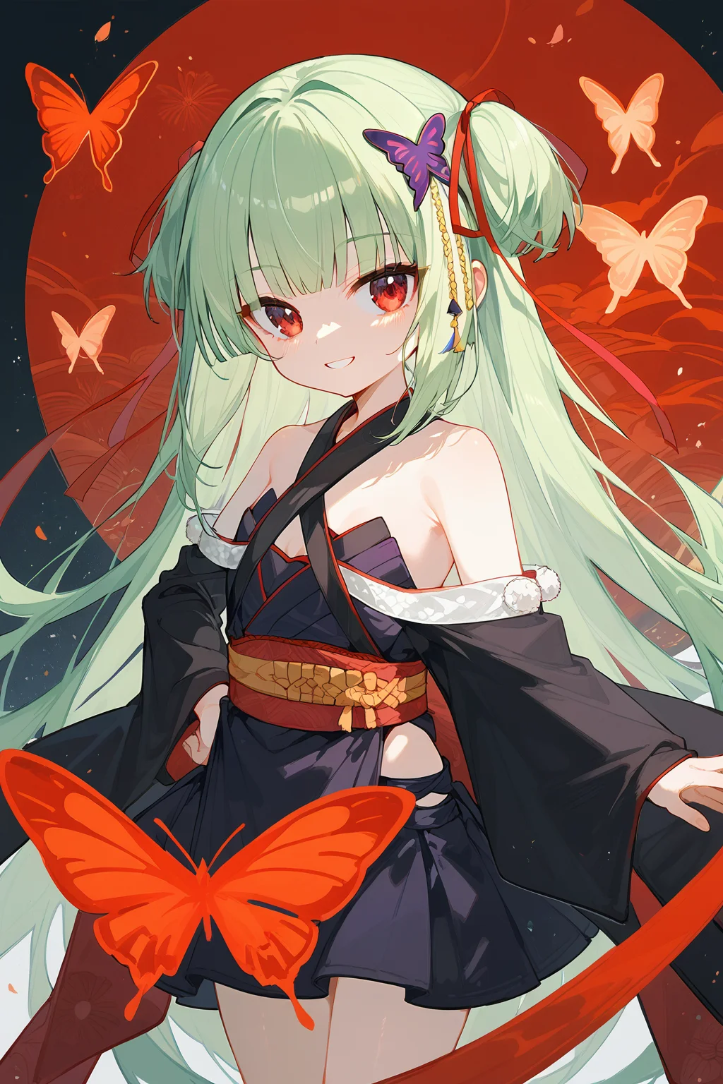 (score_9,score_8_up,score_7_up),<lora:congyu(Senren Banka)-v1:1>,congyu(Senren*Banka),1girl,solo,long hair,green hair,hair ornament,butterfly hair ornament,japanese clothes,hair ribbon,ribbon,bare shoulders,very long hair,hand on hip,detached sleeves,skirt,red eyes,looking at viewer,smile,sash,
good feet,anime,NSFW,expressive,amazing quality,ultra hd 32k,