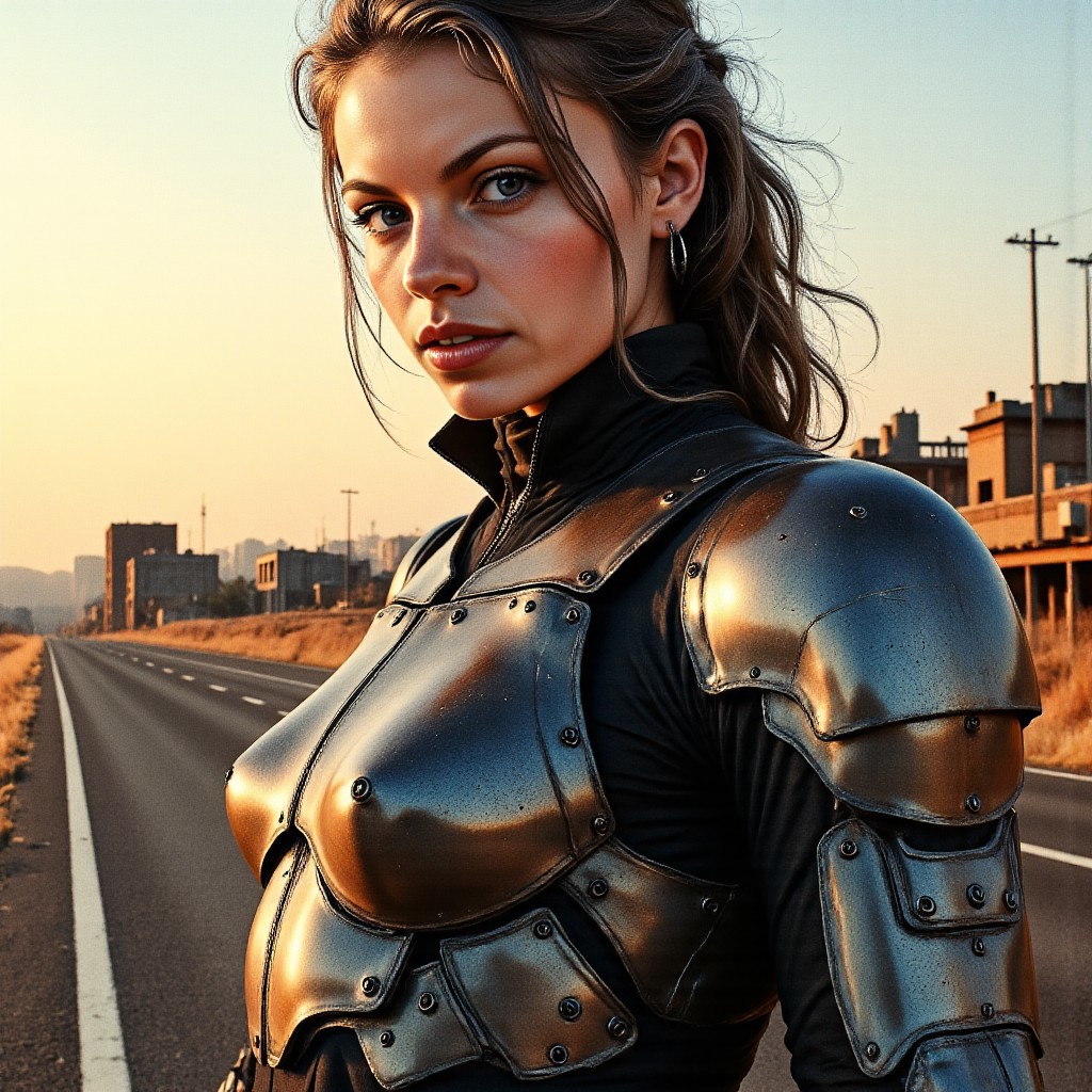 Armored wastelander woman, closeup head shot, a futuristic road warrior, bold and determined, illuminated by smoky light at sunset, hyperdetailed, 8k resolution concept art, WLOP, Moebius, hyperrealism. Her piercing, ice-blue eyes lock onto the dystopian landscape. Wisps of her hair whip across her sharp features. Behind her, a ramshackle fortified wasteland settlement can be seen. She stands on the highway, wearing a black leather jacket over body armor made from pieces of old car tires and faded metal signs.