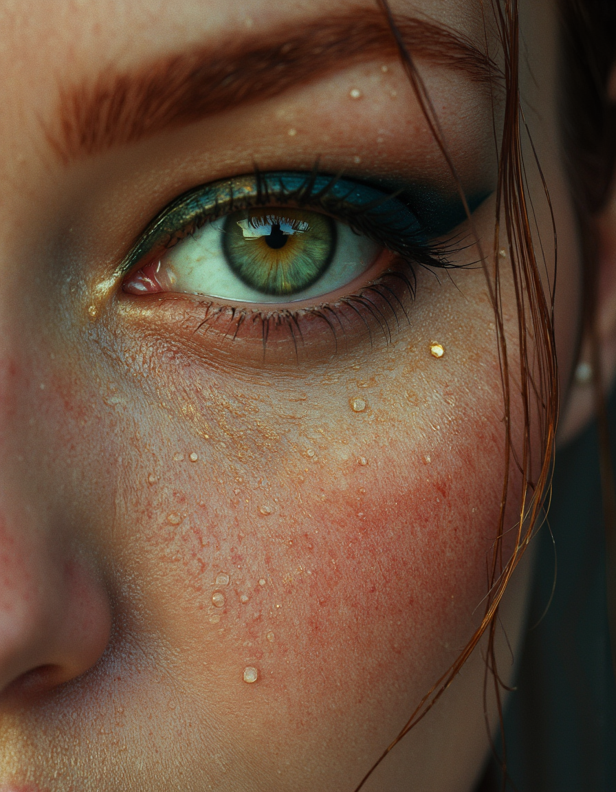a hyper-realistic, extreme close-up of a beautiful woman's face, focusing on the intense detail of their bright green eye with beautiful long eyelashed with detailed eyeliner. The intricate eye should have vivid, emerald tones with flecks of gold around the iris, capturing light in a way that draws immediate attention. The skin is wet, covered in water droplets that reflect light and enhance the natural texture. Strands of wet, reddish-brown hair cling to the face, adding depth and framing the eye. The overall color palette is warm, with subtle contrasts that emphasize the eyeâs vibrancy against the softer tones of the skin. The expression should convey a sense of intensity and introspection, as if the person has been caught in the rain or is emerging from water. Use a shallow depth of field to blur the background and keep the focus entirely on the face, capturing every minute detail of the skin, hair, and eye to evoke a sense of immediacy and emotional depth.