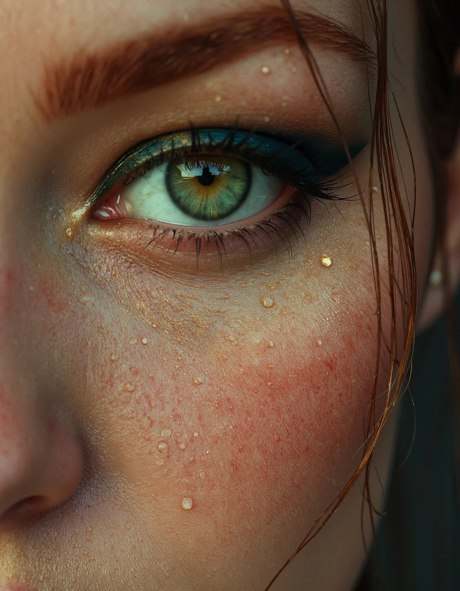 a hyper-realistic, extreme close-up of a beautiful woman's face, focusing on the intense detail of their bright green eye with beautiful long eyelashed with detailed eyeliner. The intricate eye should have vivid, emerald tones with flecks of gold around the iris, capturing light in a way that draws immediate attention. The skin is wet, covered in water droplets that reflect light and enhance the natural texture. Strands of wet, reddish-brown hair cling to the face, adding depth and framing the eye. The overall color palette is warm, with subtle contrasts that emphasize the eyeâs vibrancy against the softer tones of the skin. The expression should convey a sense of intensity and introspection, as if the person has been caught in the rain or is emerging from water. Use a shallow depth of field to blur the background and keep the focus entirely on the face, capturing every minute detail of the skin, hair, and eye to evoke a sense of immediacy and emotional depth.