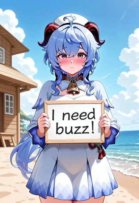 masterpiece,best quality,amazing quality, ganyu \(genshin impact\), cowboy shot, need_buzz, holding sign, red_eyes,hat,long_sleeves, 1girl, beach, beach house, blue sky, blush, cloud,dress, water,