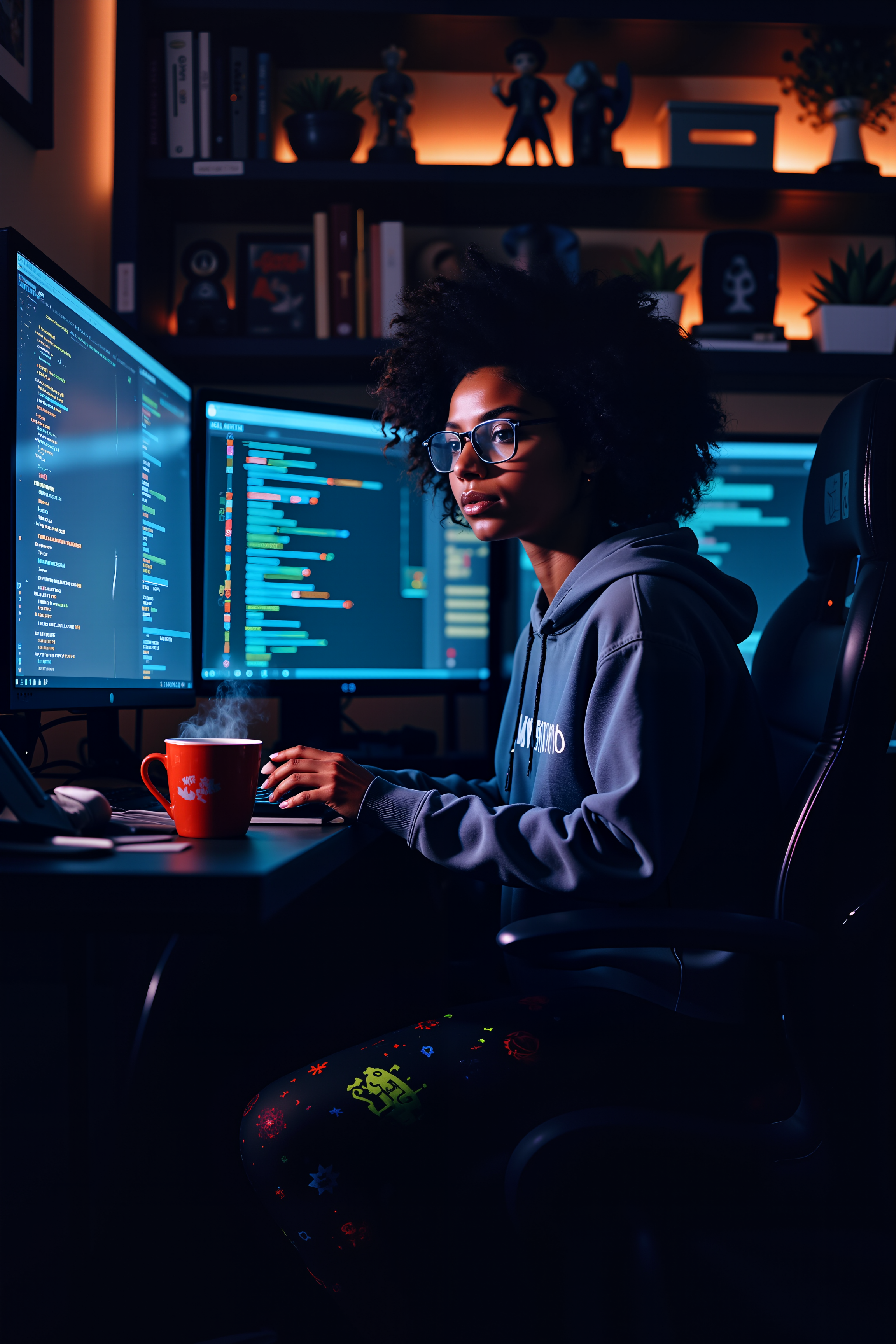 In a dimly lit room filled with glowing computer monitors, a strikingly attractive woman with deep brown skin and voluminous curly hair sits cross-legged on a gaming chair, adjusting her oversized glasses as lines of neon-green code scroll across the screens. Her hoodie is slightly oversized, slipping off one shoulder to reveal a delicate constellation tattoo, while her leggings are adorned with tiny pixelated space invaders. The blue light from her triple monitor setup reflects in her sharp, intelligent eyes, giving her an almost cybernetic glow. Shelves behind her are packed with limited-edition action figures, stacks of graphic novels, and high-end mechanical keyboards in various colors. A steaming cup of coffee sits beside her, the mug emblazoned with the words There is no place like 127.0.0.1. Her fingers dance across the mechanical keys, the RGB lighting flashing beneath them as she types effortlessly. Scattered sticky notes filled with cryptic algorithms and sketches of futuristic designs cling to the edges of her desk. The room hums with soft lo-fi beats, adding to the cozy, intellectual atmosphere. She pauses for a second, tilting her head with a smirk, as if she just cracked a code no one else could solve. , detailed background  Fantastic lighting. Detailed shadows.intricate details, vivid colors, hyper-detailed, ultra-sharp, , <lora:sxz-Vintage-Fantasy-Flux:0.45><lora:n30nfilm:0.8><lora:lith_mimosa_kiel_grw134_FLUX:0.45><lora:DreamArtFluxV1.0:0.55><lora:shrooms-house-000012:0.3>