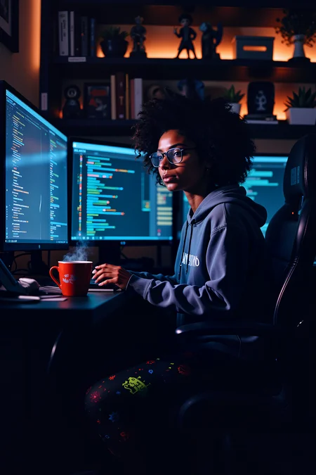 In a dimly lit room filled with glowing computer monitors, a strikingly attractive woman with deep brown skin and voluminous curly hair sits cross-legged on a gaming chair, adjusting her oversized glasses as lines of neon-green code scroll across the screens. Her hoodie is slightly oversized, slipping off one shoulder to reveal a delicate constellation tattoo, while her leggings are adorned with tiny pixelated space invaders. The blue light from her triple monitor setup reflects in her sharp, intelligent eyes, giving her an almost cybernetic glow. Shelves behind her are packed with limited-edition action figures, stacks of graphic novels, and high-end mechanical keyboards in various colors. A steaming cup of coffee sits beside her, the mug emblazoned with the words There is no place like 127.0.0.1. Her fingers dance across the mechanical keys, the RGB lighting flashing beneath them as she types effortlessly. Scattered sticky notes filled with cryptic algorithms and sketches of futuristic designs cling to the edges of her desk. The room hums with soft lo-fi beats, adding to the cozy, intellectual atmosphere. She pauses for a second, tilting her head with a smirk, as if she just cracked a code no one else could solve. , detailed background Fantastic lighting. Detailed shadows.intricate details, vivid colors, hyper-detailed, ultra-sharp, , <lora:sxz-Vintage-Fantasy-Flux:0.45><lora:n30nfilm:0.8><lora:lith_mimosa_kiel_grw134_FLUX:0.45><lora:DreamArtFluxV1.0:0.55><lora:shrooms-house-000012:0.3>