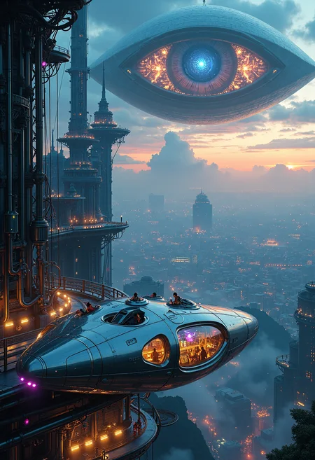 A masterpiece of sci-fi style created by the collaboration of Tamara de Lempicka and Edgar Degas. In this sci-fi photograph, we see a vast, futuristic cityscape against a twilight sky, bathed in a soft, otherworldly glow from distant neon lights and atmospheric distortions. The city is constructed on large floating platforms that seem to hover above a shimmering cosmic sea, hinting at the possibility of an alien ecosystem or advanced space-based architecture. Suspended below these platforms are intricate networks of cables and energy beams, creating a web-like pattern that glows in vibrant blues and purples.In the foreground, a sleek, metallic spaceship with organic, fluid design elements is parked beside a towering structure resembling a giant, transparent dome. The ship's windows reveal a crew of beings with advanced cybernetic enhancements and holographic projections dancing across their interfaces. Above the city, an enormous, glowing eye-like construct looms in the sky, its iris reflecting the myriad lights below—a mysterious artificial intelligence overseeing the metropolis.The atmosphere is thick with swirling clouds of iridescent mist that appear to shift colors rapidly, adding a sense of motion and otherworldly magic. The overall scene exudes a blend of technological marvel and mystical wonder, suggesting an advanced civilization at the brink of new cosmic discoveries. HD32K, hyperdetailed, best quality, midjourneyv6.1.