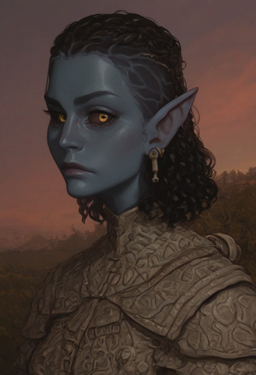 safe_pos, solo, short pointy ears, full body, fighting stance, piercings, random elf face, aquiline features, female dark elf, brow rings, beaded piercings, weathered skin, blue-grey skin, large nose, insect chitin armor, insect chitin helmet, insect chitin ornaments, stylized insect pattern, athletic build,  animated realism, zoomed out, Syrian features, torso, yurts, tents, native camp, elegant berber tapestries, dead desert trees, ash dunes, distant volcano, ashy soil, grey green foliage, distant grey hills, sunrise, gloomy lighting, grey fabric awnings, dark wood posts, light dust clouds, grey-blue skin, mahogany and ivory clothes, medium armor, bone plate armor, ivory straps and fittings, alien bone ornaments, grey wood neckguard, medium_breasts, crimson sclera, black pupils, blue-green light, neon, highly detailed, defined features, looking at viewer, three quarters view, from side, dynamic lighting, 29 years old, light and shadows, patterned cloth, joking expression, expressive eyes, detailed medieval clothes, short hair, wavy hair, thick hair, beaded hair, braided hair, under cut hair, semirealistic, alien elf, spanish features, jewish features, black hair, dark red hair, desaturated blue skin, sharp features, pastel green inuit print cloak, nighttime, high detail, absurdres, pretty eyes, detailed eyes, yellow eyes, facefix, detailed face, wielding insect chitin spear, shortspear