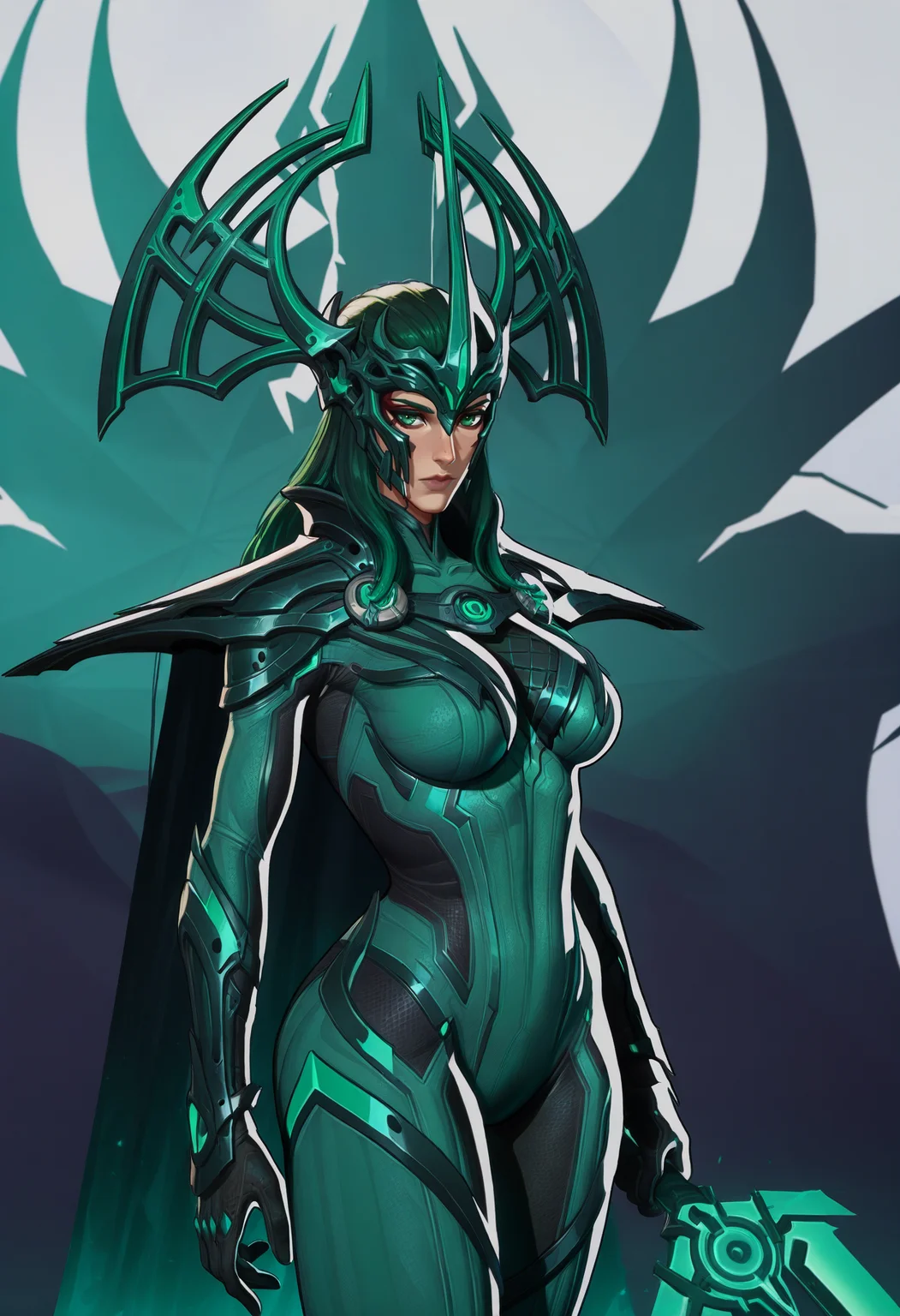 <lora:MarvelRivals:1> r1vals,
1girl, solo, cape, weapon, helmet, holding, mask, armor, holding weapon, bodysuit, cowboy shot, standing, green eyes, closed mouth