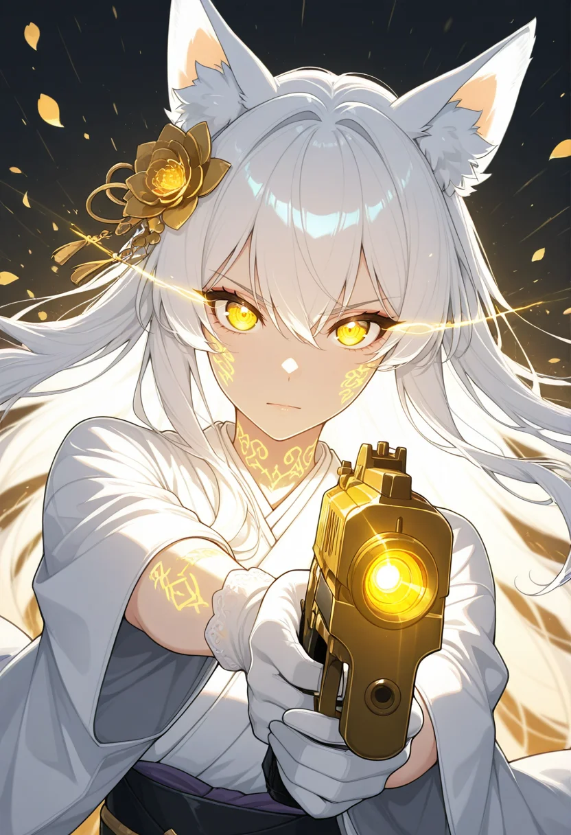 masterpiece, best quality,high quality, newest, highres,8K,HDR,absurdres,4ur4_illu,shiny, 4ur4_illu, 1girl, animal ears,close up, weapon,eye trail, solo, holding,aiming at viewer, hair between eyes, gun, long hair, looking at viewer,gold engraving, marble weapon, white hair, holding handgun, bangs, petals, japanese clothes, flower, closed mouth, hair ornament, animal ear fluff, kimono,gold hair flower, upper body,limited palette,dynamic action, gloves, blurry, very long hair, depth of field, white gloves, dynamic pose, dynamic composition,dutch angle, depth of field,white_theme,detailed backgroud,foreshortening,blurry edges,yazlobamarks,body markings,glowing, <lora:v1_glown_marks_yazloba:1>