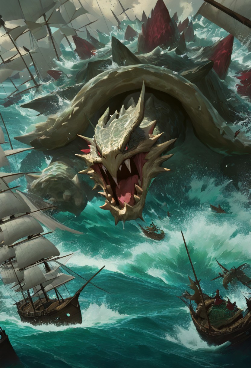 masterpiece, best quality, newest, absurdres, highres, DTV1.0, Turtle, Dragon,  pokemon (creature), monster, no humans, ocean, water, ship, battle,